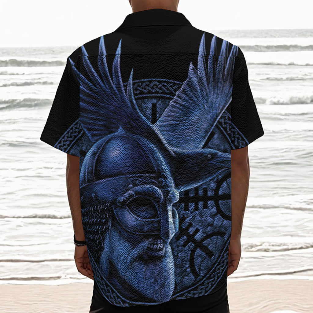Blue Viking God Odin And Crow Print Textured Short Sleeve Shirt