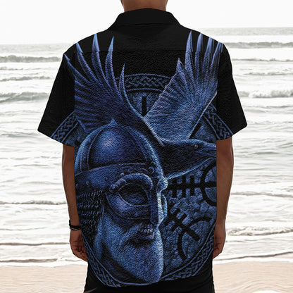 Blue Viking God Odin And Crow Print Textured Short Sleeve Shirt