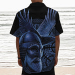 Blue Viking God Odin And Crow Print Textured Short Sleeve Shirt