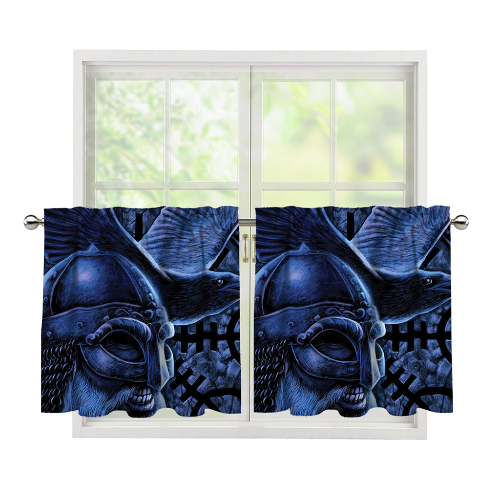 Blue Viking God Odin And Crow Print Tier Curtains