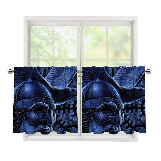 Blue Viking God Odin And Crow Print Tier Curtains