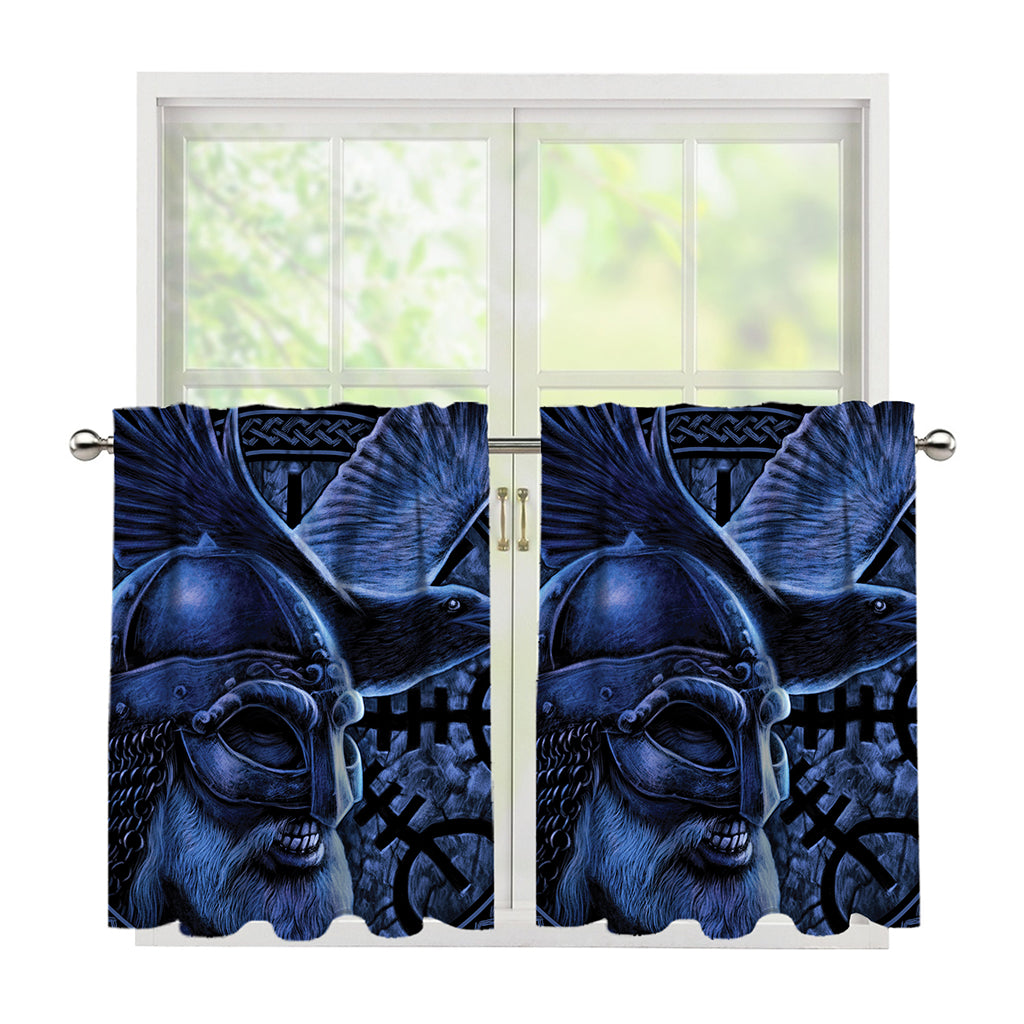 Blue Viking God Odin And Crow Print Tier Curtains