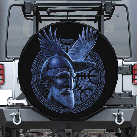 Blue Viking God Odin And Crow Print Tire Cover