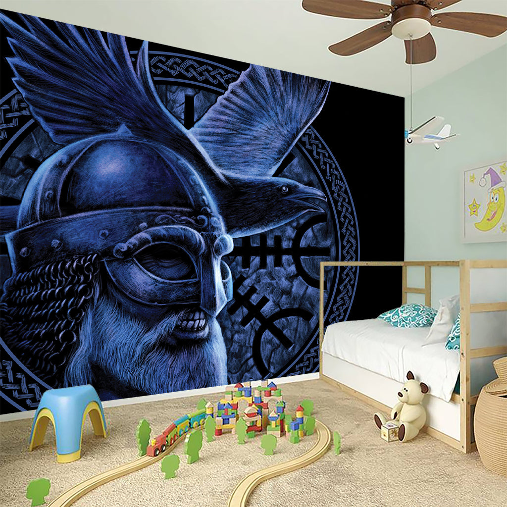 Blue Viking God Odin And Crow Print Wall Sticker