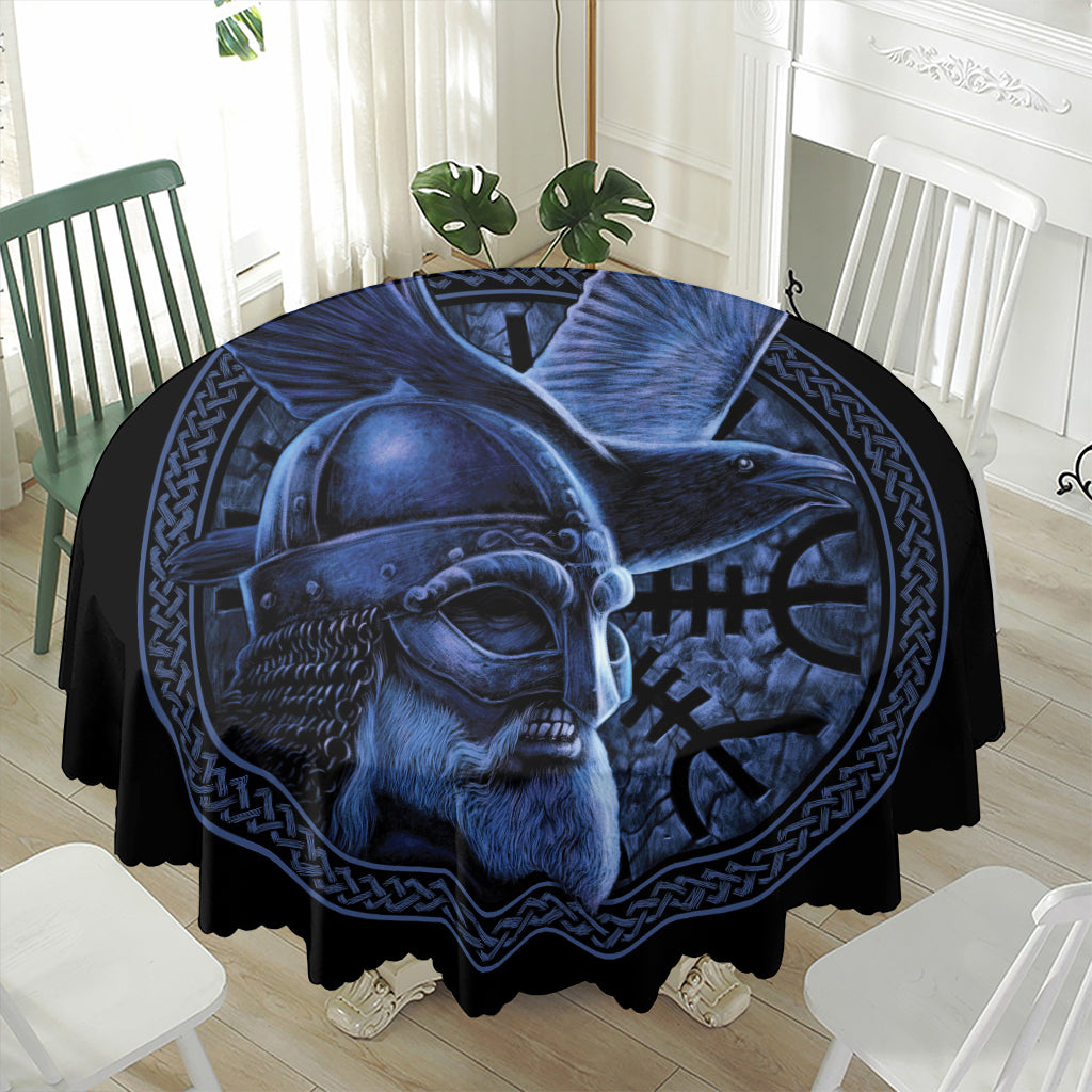 Blue Viking God Odin And Crow Print Waterproof Round Tablecloth