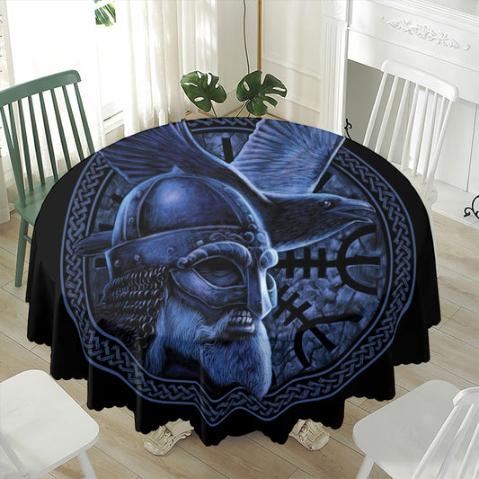 Blue Viking God Odin And Crow Print Waterproof Round Tablecloth