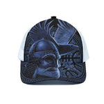 Blue Viking God Odin And Crow Print White Mesh Trucker Cap