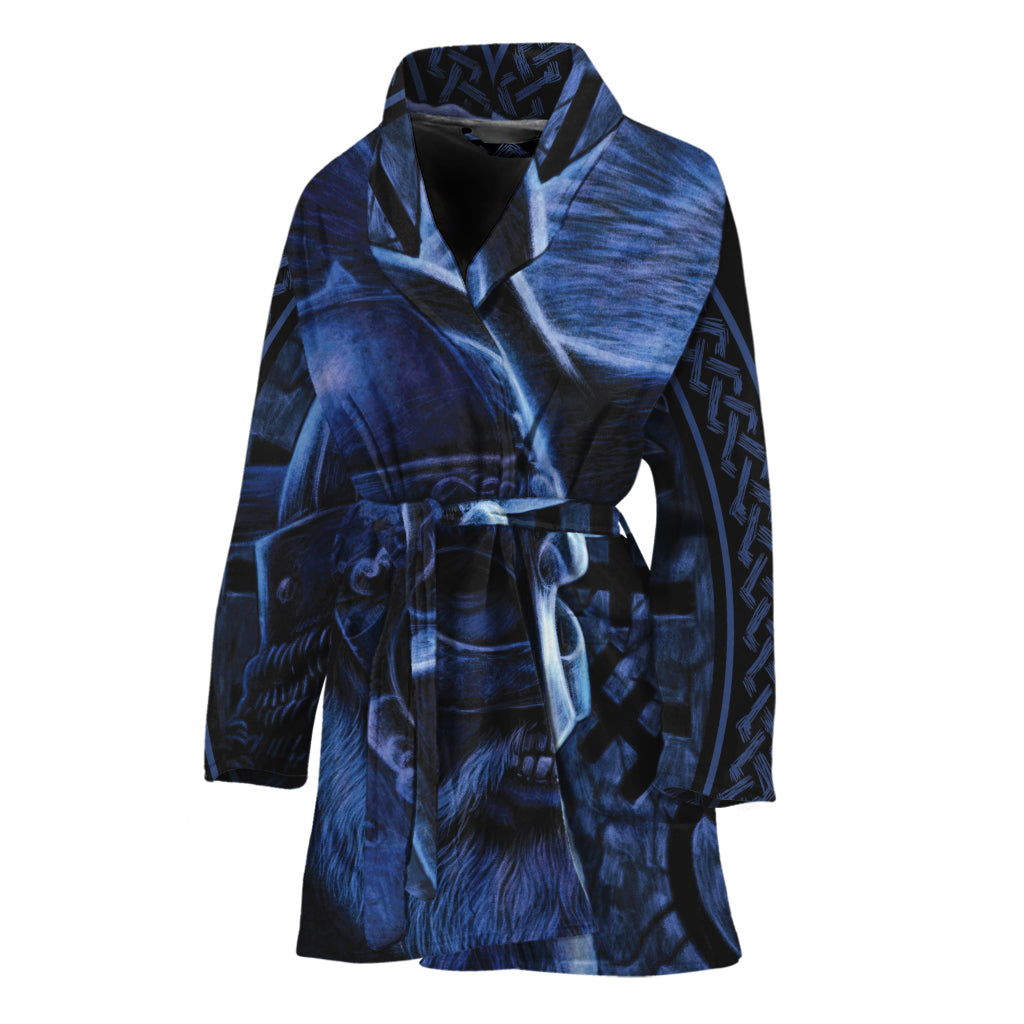 Blue Viking God Odin And Crow Print Women's Bathrobe