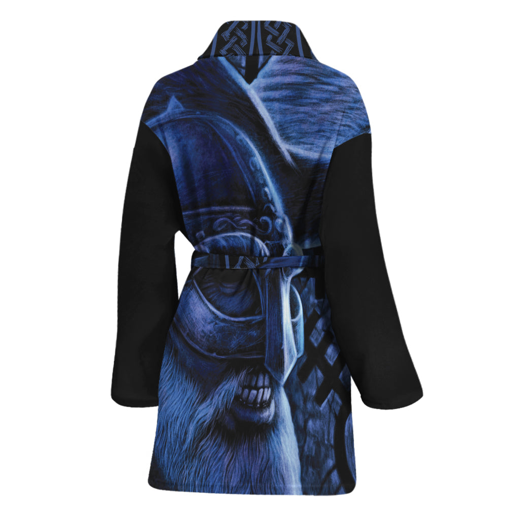 Blue Viking God Odin And Crow Print Women's Bathrobe
