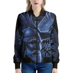 Blue Viking God Odin And Crow Print Women's Bomber Jacket