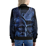 Blue Viking God Odin And Crow Print Women's Bomber Jacket