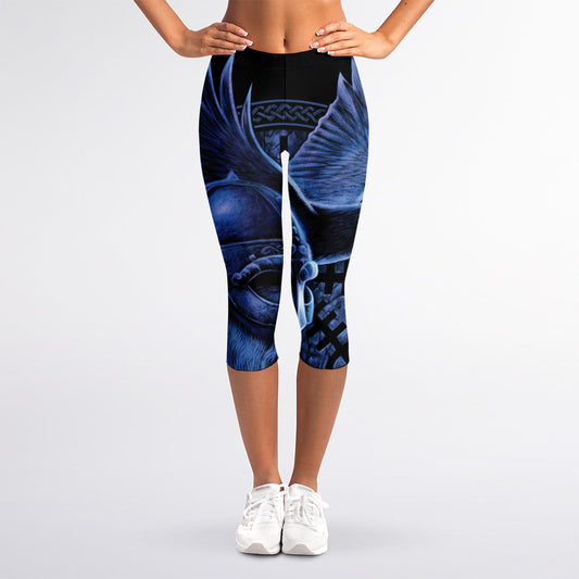 Blue Viking God Odin And Crow Print Women's Capri Leggings