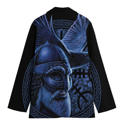 Blue Viking God Odin And Crow Print Women's Cotton Blazer