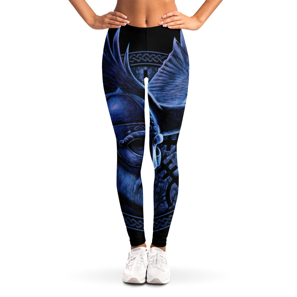 Blue Viking God Odin And Crow Print Women's Leggings