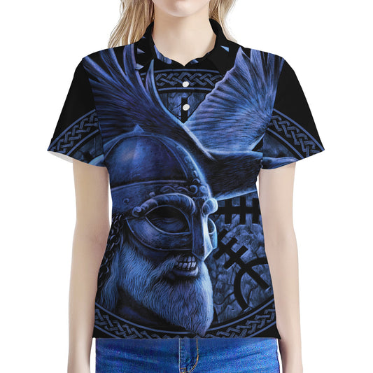 Blue Viking God Odin And Crow Print Women's Polo Shirt