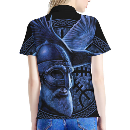 Blue Viking God Odin And Crow Print Women's Polo Shirt