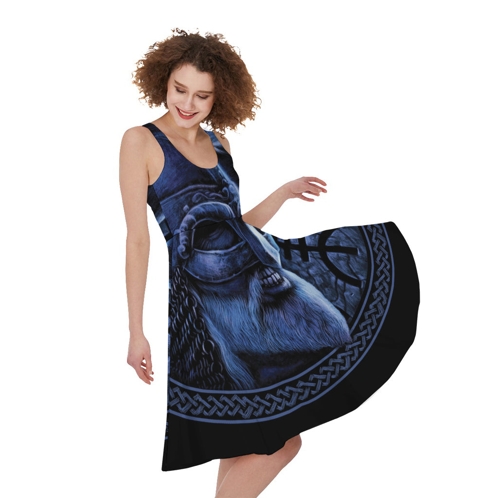 Blue Viking God Odin And Crow Print Women's Sleeveless Dress