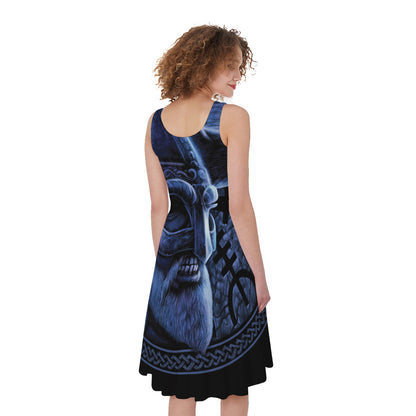 Blue Viking God Odin And Crow Print Women's Sleeveless Dress