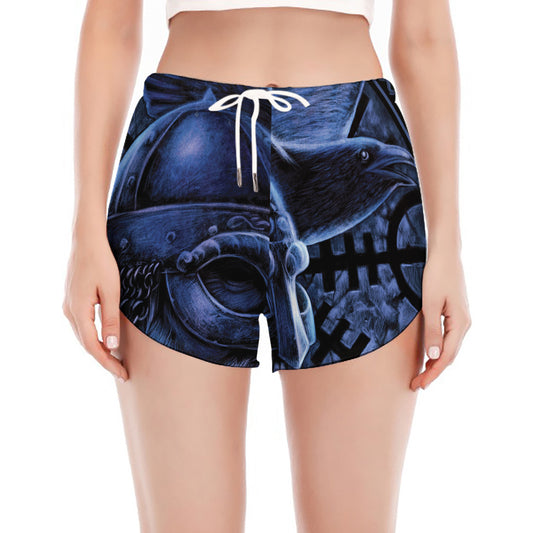 Blue Viking God Odin And Crow Print Women's Split Running Shorts
