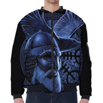 Blue Viking God Odin And Crow Print Zip Sleeve Bomber Jacket