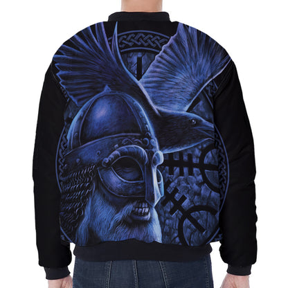 Blue Viking God Odin And Crow Print Zip Sleeve Bomber Jacket