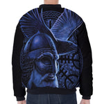 Blue Viking God Odin And Crow Print Zip Sleeve Bomber Jacket