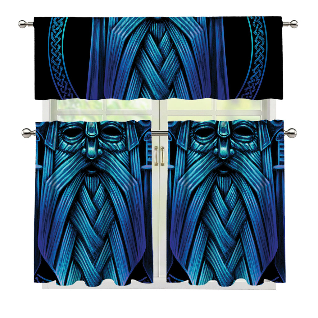 Blue Viking Norse God Odin Print 3 Piece Kitchen Curtains