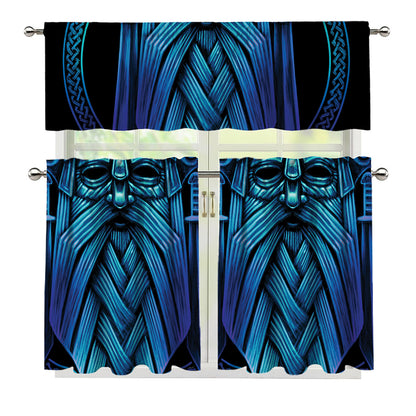 Blue Viking Norse God Odin Print 3 Piece Kitchen Curtains