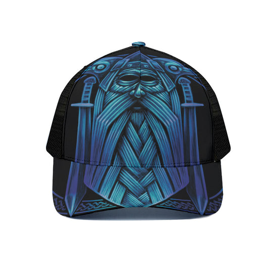 Blue Viking Norse God Odin Print Black Mesh Trucker Cap