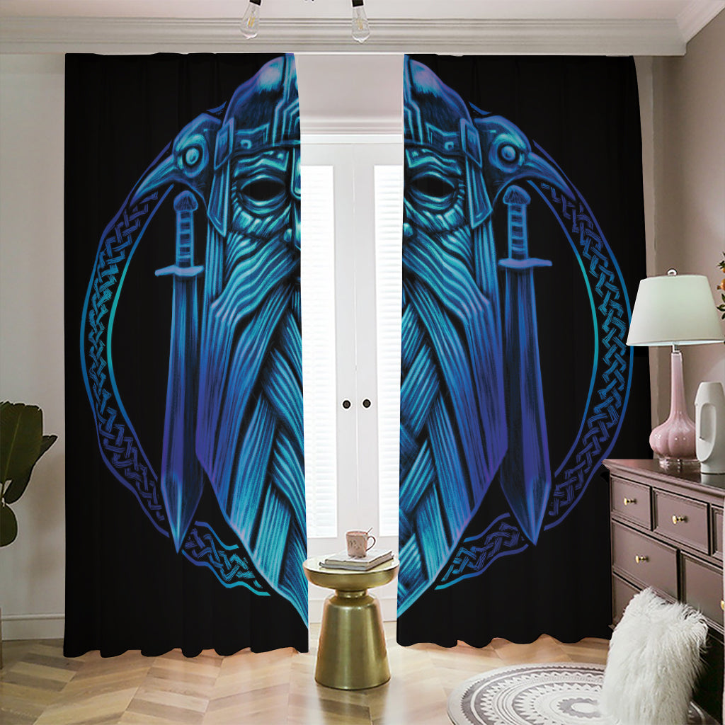 Blue Viking Norse God Odin Print Blackout Pencil Pleat Curtains