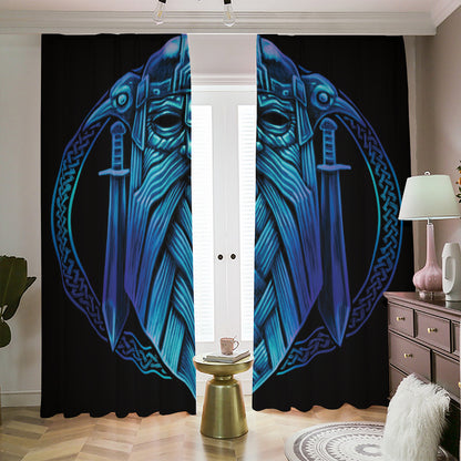 Blue Viking Norse God Odin Print Blackout Pencil Pleat Curtains