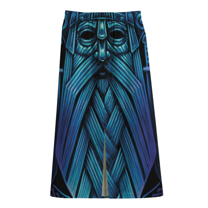 Blue Viking Norse God Odin Print Cotton Front Slit Maxi Skirt