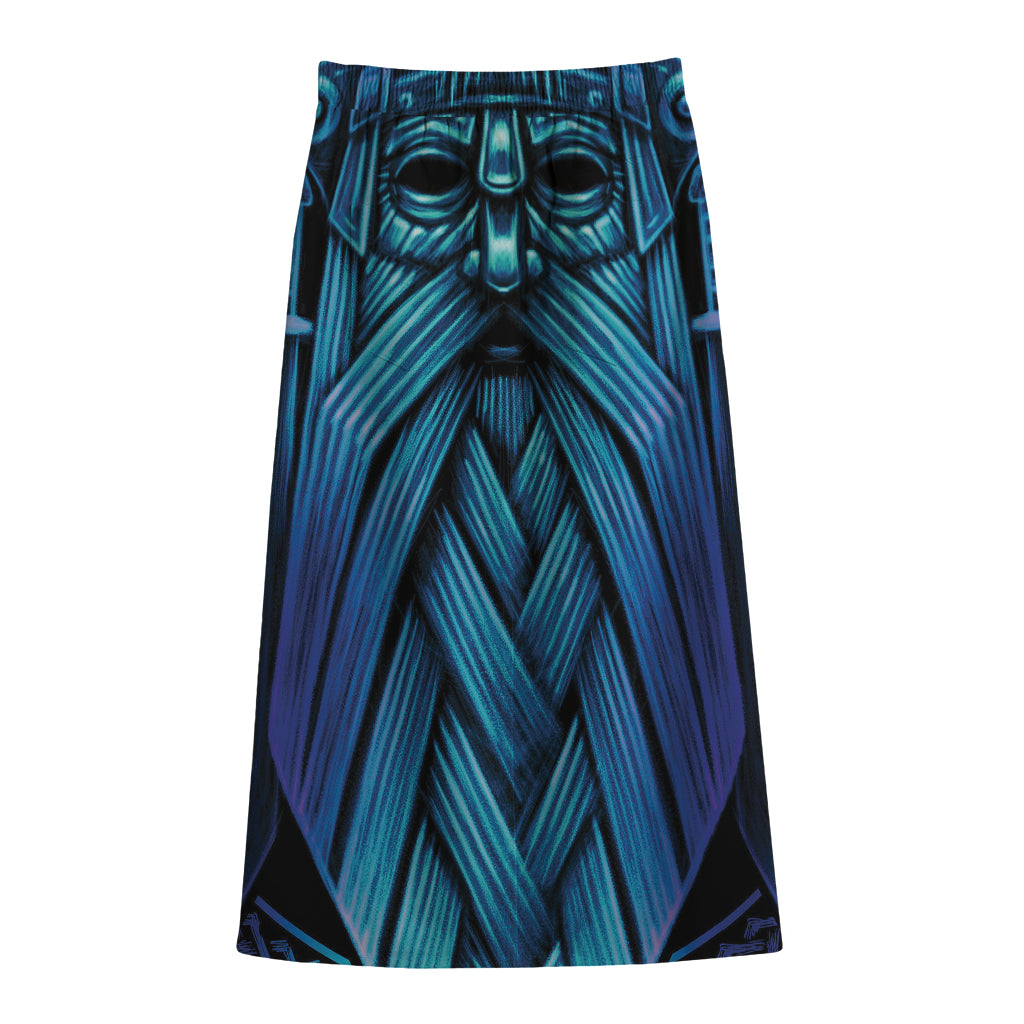 Blue Viking Norse God Odin Print Cotton Front Slit Maxi Skirt