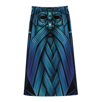 Blue Viking Norse God Odin Print Cotton Front Slit Maxi Skirt