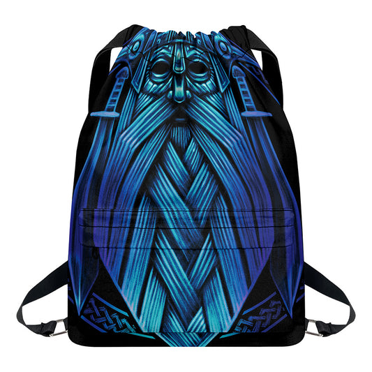 Blue Viking Norse God Odin Print Drawstring Backpack