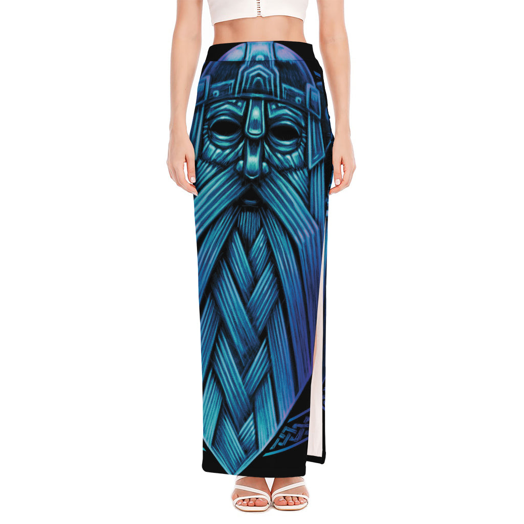 Blue Viking Norse God Odin Print High Slit Maxi Skirt