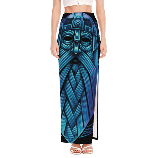 Blue Viking Norse God Odin Print High Slit Maxi Skirt