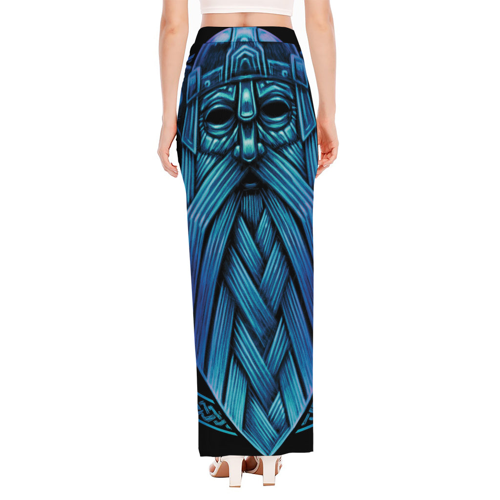 Blue Viking Norse God Odin Print High Slit Maxi Skirt