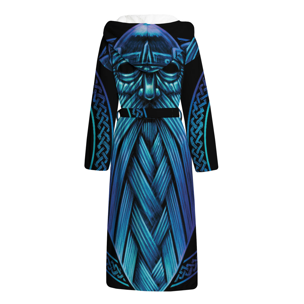 Blue Viking Norse God Odin Print Hooded Bathrobe