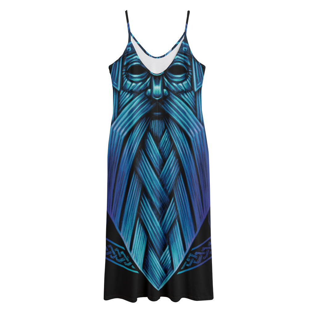 Blue Viking Norse God Odin Print Jersey Midi Cami Dress
