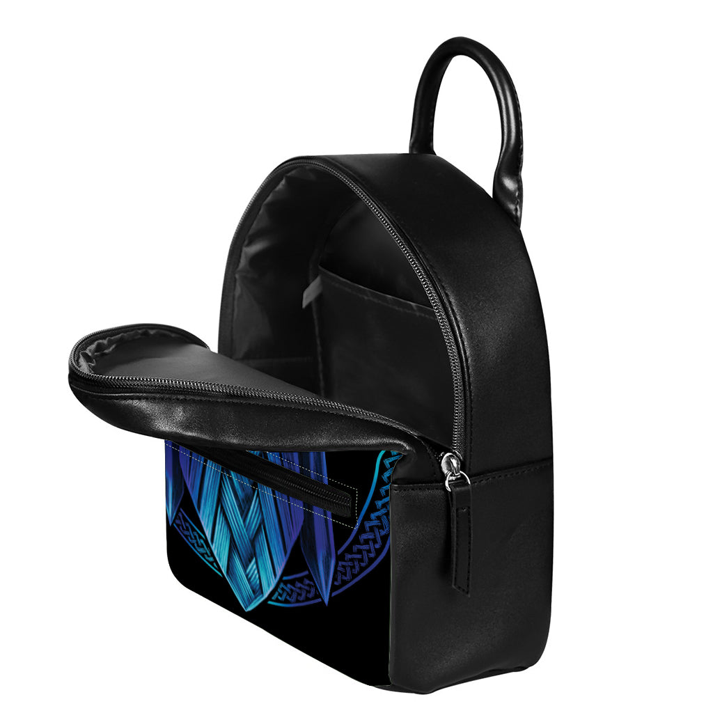 Blue Viking Norse God Odin Print Leather Backpack