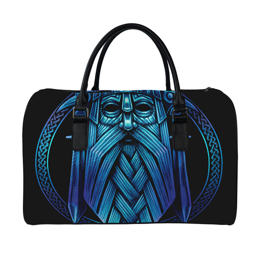 Blue Viking Norse God Odin Print Leather Duffle Bag