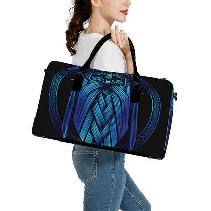 Blue Viking Norse God Odin Print Leather Duffle Bag