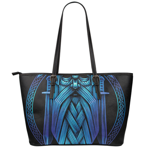 Blue Viking Norse God Odin Print Leather Tote Bag
