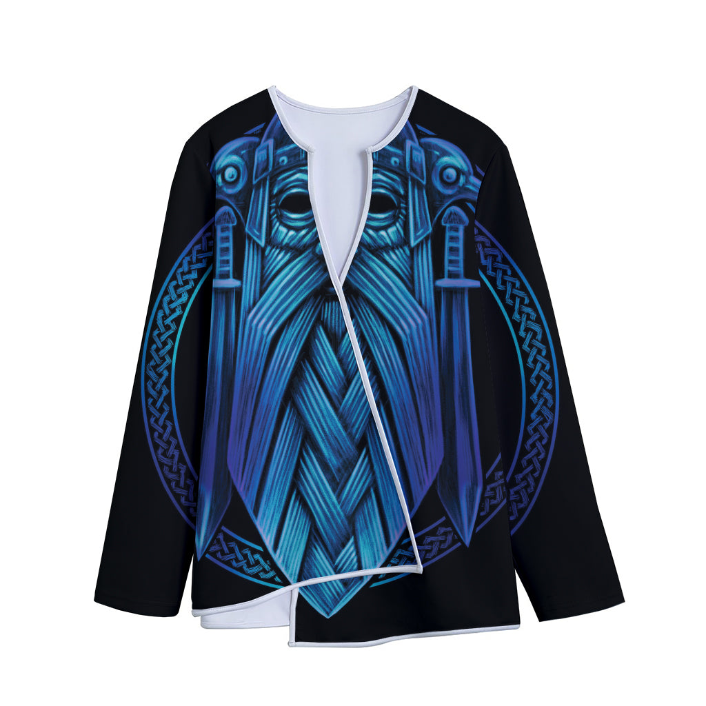 Blue Viking Norse God Odin Print Long Sleeve Short Coat
