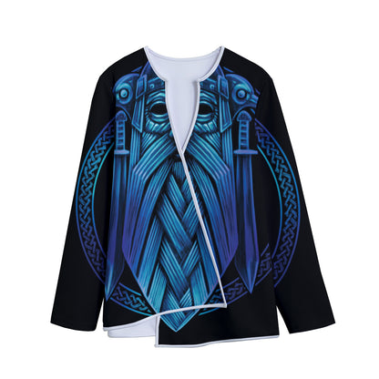 Blue Viking Norse God Odin Print Long Sleeve Short Coat
