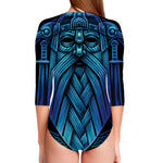 Blue Viking Norse God Odin Print Long Sleeve Swimsuit