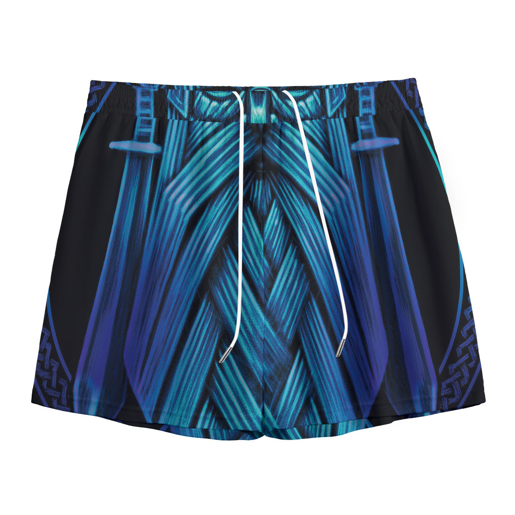 Blue Viking Norse God Odin Print Mesh Shorts