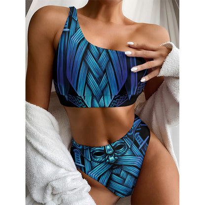 Blue Viking Norse God Odin Print One Shoulder Bikini Top