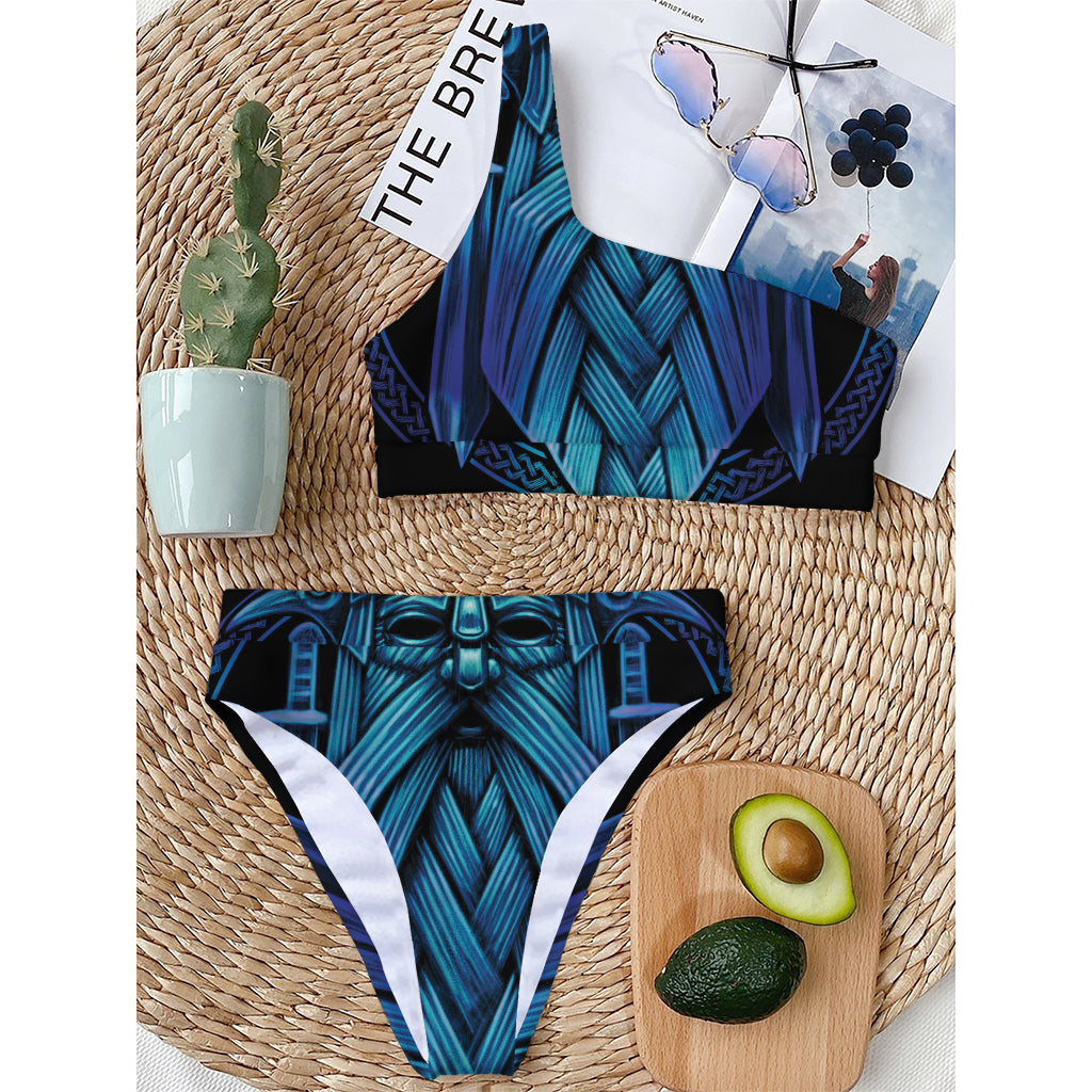 Blue Viking Norse God Odin Print One Shoulder Bikini Top